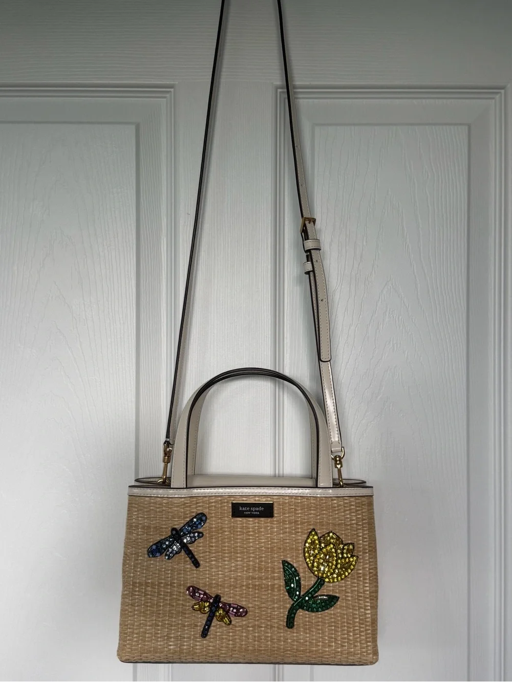 KATE SPADE Sam Icon Dragonfly Embellished Straw Small Tote Crossbody Bag Purse